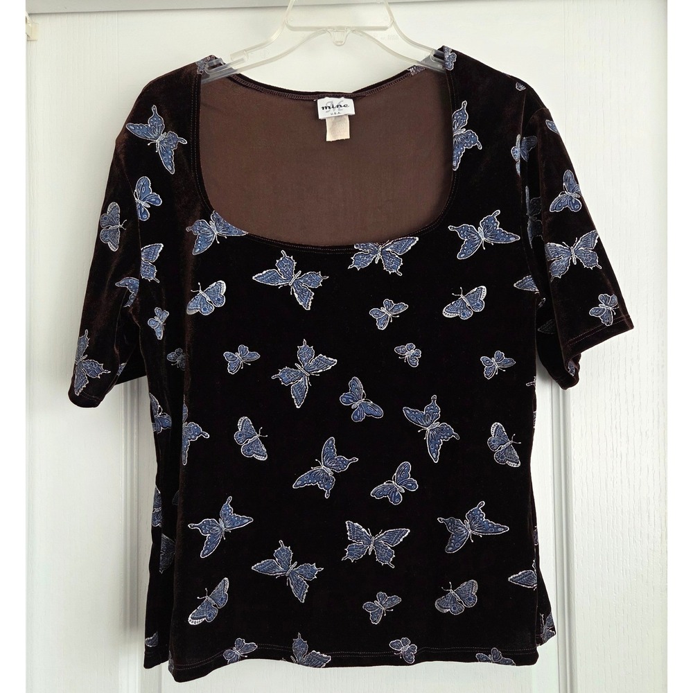 Mine USA VTG Brown Velvet Butterfly‎ Print Square Neck Short Sleeve Top Sz L